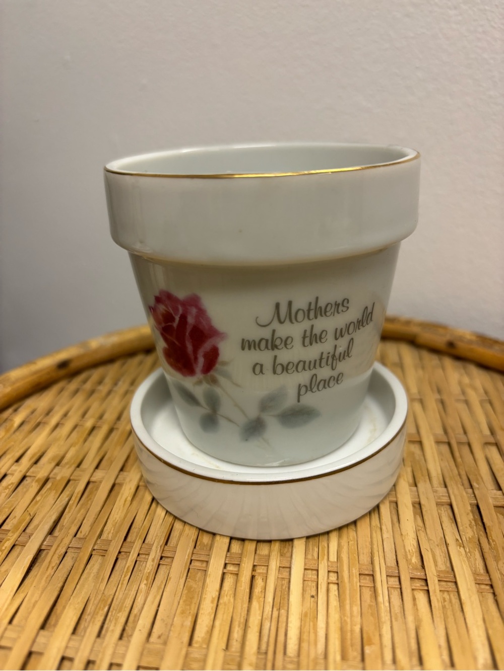 Floral 'Mothers Make the World a Beautiful Place' White Ceramic Planter